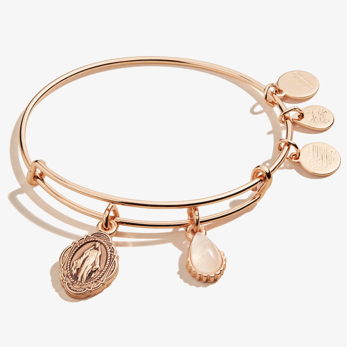 Rose Quartz Gemstone + Mother Mary Duo Charm Bangle